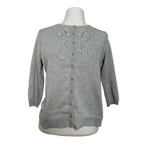 Tabitha Anthropologie Gray Floral Embroidered Cotton Cardigan Sweater